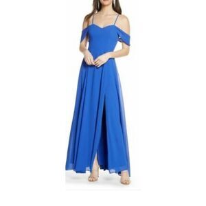 Cold Shoulder Tie Back Crepe Gown NEW Blue